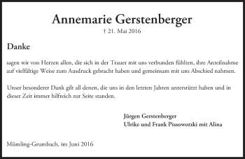 Traueranzeige von Annemarie Gerstenberger von Trauerportal Echo Online