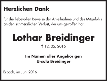 Traueranzeige von Lothar Breidinger von Trauerportal Echo Online
