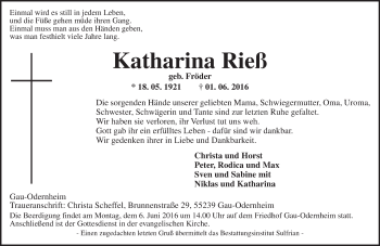 Traueranzeige von Katharina Rieß von  Allgemeine Zeitung Alzey