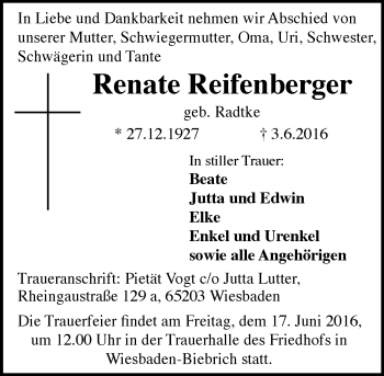 Traueranzeige von Renate Reifenberger von  Wiesbaden komplett