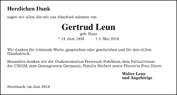 Traueranzeige von Gertrud Leun von  Gießener Anzeiger