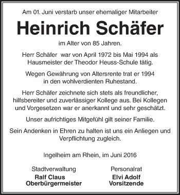 Traueranzeige von Heinrich Schäfer von  Allgemeine  Zeitung Ingelheim-Bingen