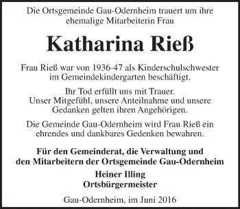 Traueranzeige von Katharina Rieß von  Allgemeine Zeitung Alzey