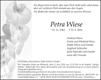 Traueranzeige von Petra Wiese von Trauerportal Rhein Main Presse