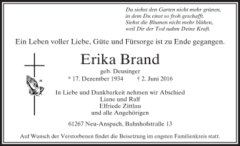 Traueranzeige von Erika Brand von  Usinger Anzeiger