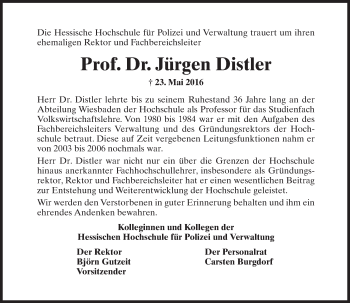 Traueranzeige von Jürgen Distler von  Wiesbaden komplett