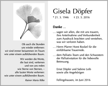 Traueranzeige von Gisela Döpfer von  Gießener Anzeiger
