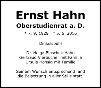 Traueranzeige von Ernst Hahn von VRM Trauer