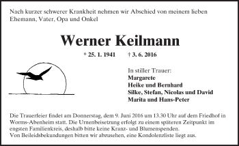 Traueranzeige von Werner Keilmann von  Wormser Zeitung