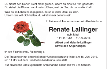 Traueranzeige von Renate Lallinger von Trauerportal Echo Online