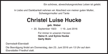 Traueranzeige von Christel Luise Hucke von Trauerportal Echo Online