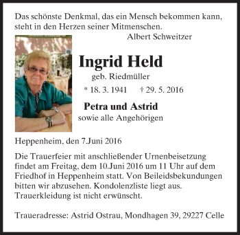 Traueranzeige von Ingrid Held von Trauerportal Echo Online