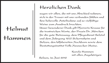 Traueranzeige von Helmut Hammen von  Allgemeine Zeitung Alzey