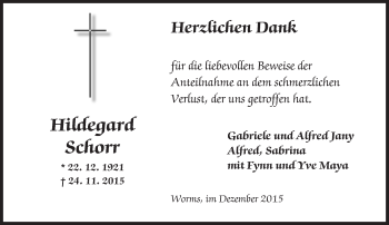 Traueranzeige von Hildegard Schorr von  Wormser Zeitung
