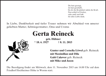Traueranzeige von Gerta Reineck von  Wormser Zeitung