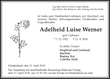 Traueranzeige von Adelheid Luise Werner von VRM Trauer