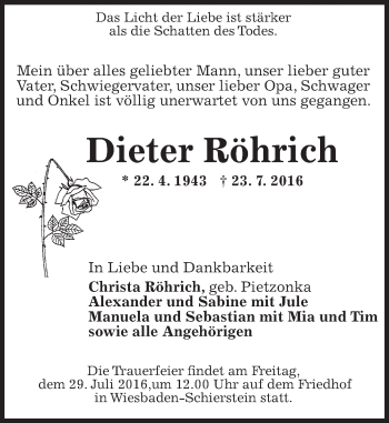 Traueranzeige von Dieter Röhrich von Trauerportal Rhein Main Presse