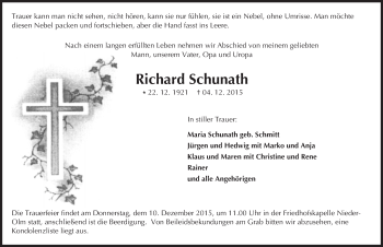 Traueranzeige von Richard Schunath von  Allgemeine Zeitung Mainz
