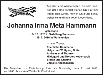 Traueranzeige von Johanna Irma Meta Hammann von Trauerportal Echo Online