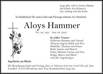 Traueranzeige von Aloys Hammer von  Allgemeine  Zeitung Ingelheim-Bingen