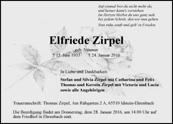 Traueranzeige von Elfriede Zirpel von  Idsteiner Zeitung