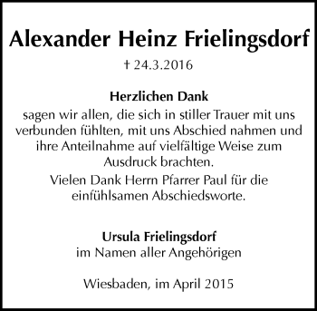 Traueranzeige von Alexander Heinz Frielingsdorf von  Wiesbaden komplett
