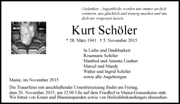 Traueranzeige von Kurt Schöler von  Allgemeine Zeitung Mainz