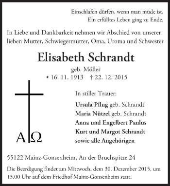 Traueranzeige von Elisabeth Schrandt von  Allgemeine Zeitung Mainz