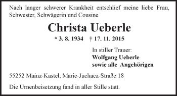 Traueranzeige von Christa Ueberle von  Allgemeine Zeitung Mainz