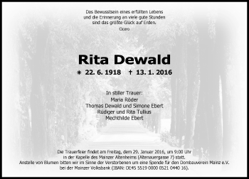 Traueranzeige von Rita Dewald von  Allgemeine Zeitung Mainz