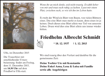 Traueranzeige von Friedhelm Albrecht Schmidt von  Kreisanzeiger