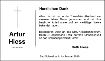 Traueranzeige von Artur Hiess von  WK-UTA/Aar-Bote