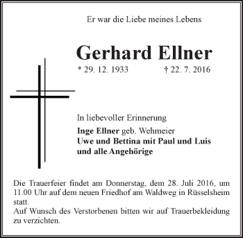 Traueranzeige von Gerhard Ellner von Trauerportal Rhein Main Presse
