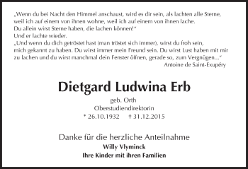 Traueranzeige von Dietgard Ludwina Erb von  Wiesbaden komplett