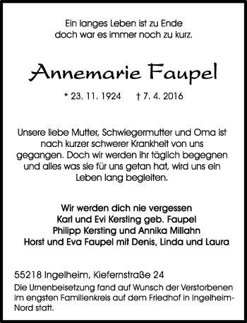 Traueranzeige von Annemarie Faupel von  Allgemeine  Zeitung Ingelheim-Bingen