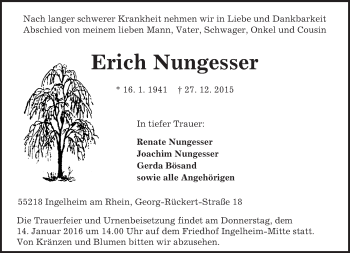 Traueranzeige von Erich Nungesser von  Allgemeine  Zeitung Ingelheim-Bingen