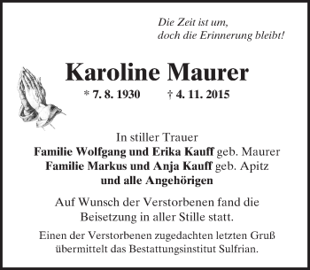 Traueranzeige von Karoline Maurer von  Allgemeine Zeitung Alzey