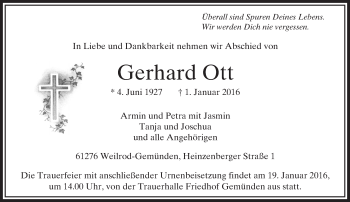 Traueranzeige von Gerhard Ott von  Usinger Anzeiger
