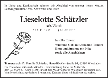 Traueranzeige von Lieselotte Schätzler von  Wiesbaden komplett