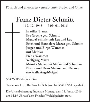 Traueranzeige von Franz Dieter Schmitt von  Allgemeine  Zeitung Ingelheim-Bingen