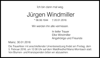 Traueranzeige von Jürgen Windmiller von  Wiesbaden komplett