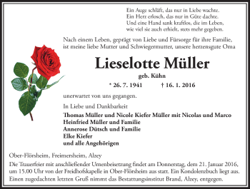 Traueranzeige von Lieselotte Müller von  Allgemeine Zeitung Alzey