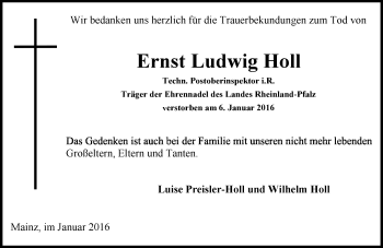 Traueranzeige von Ernst Ludwig Holl von  Allgemeine Zeitung Mainz