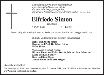 Traueranzeige von Elfriede Simon von  Mainspitze