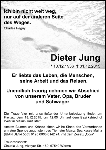 Traueranzeige von Dieter Jung von  Allgemeine Zeitung Mainz
