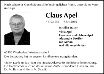 Traueranzeige von Claus Apel von  Wiesbaden komplett