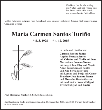 Traueranzeige von Maria Carmen Santos Turiño von  Mainspitze