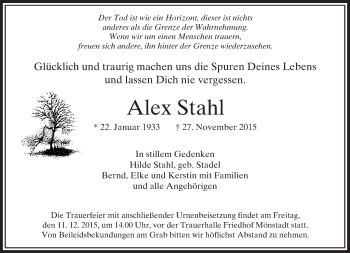 Traueranzeige von Alex Stahl von  Usinger Anzeiger