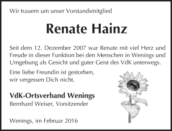 Traueranzeige von Renate Hainz von  Kreisanzeiger