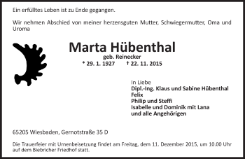 Traueranzeige von Marta Hübenthal von  Wiesbaden komplett